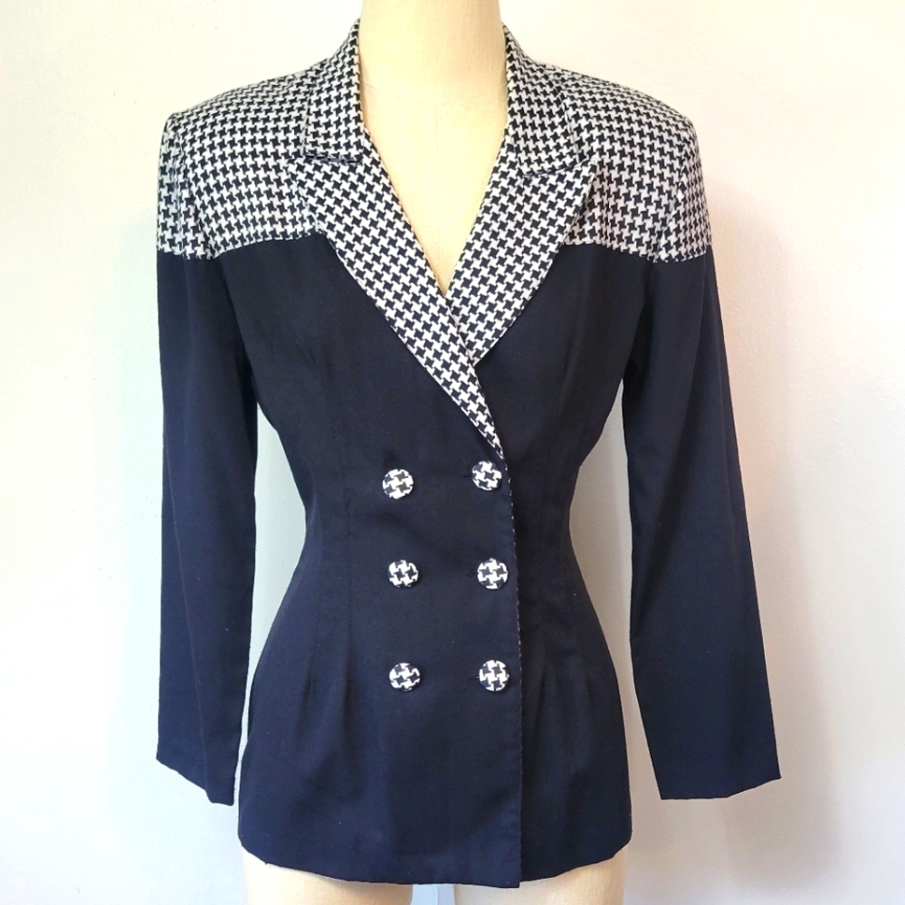 80s Judy Knapp Black and White Houndstooth Blazer